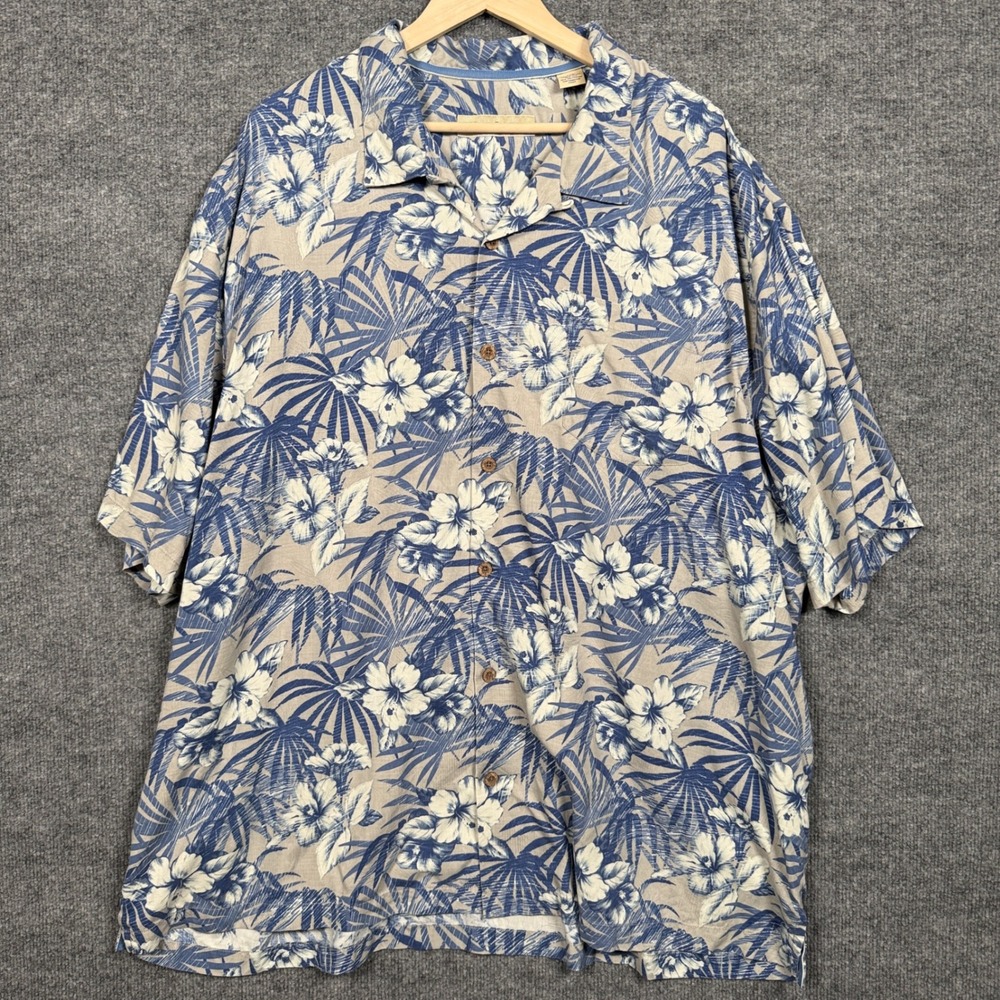 Tommy Bahama Mens Size 3XB Shirt Cream Blue Silk Blend Hawaiian Floral Button Up